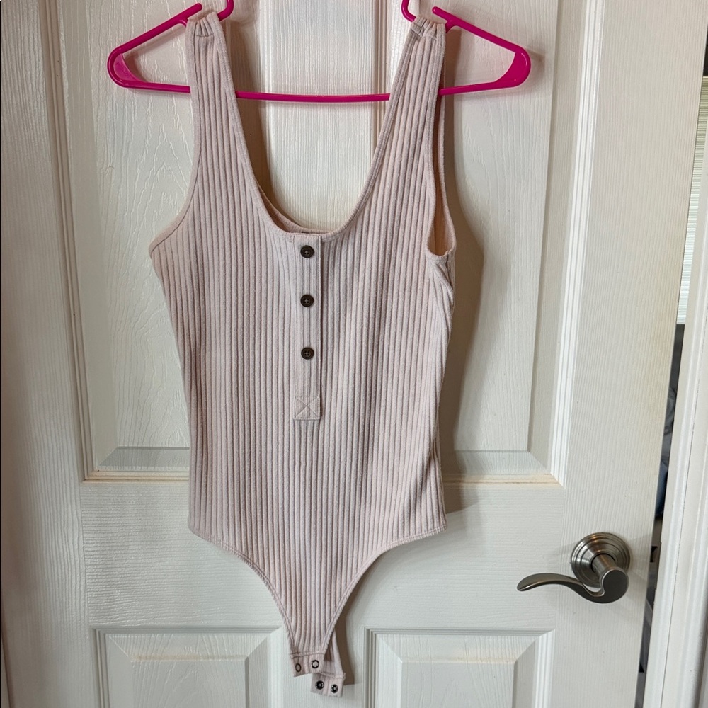 Express Ribbed Tank Bodysuit in Light Beige